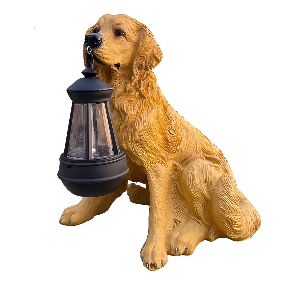 Resin Dog Statue with Solar Lantern, Outdoor Garden Decor Light