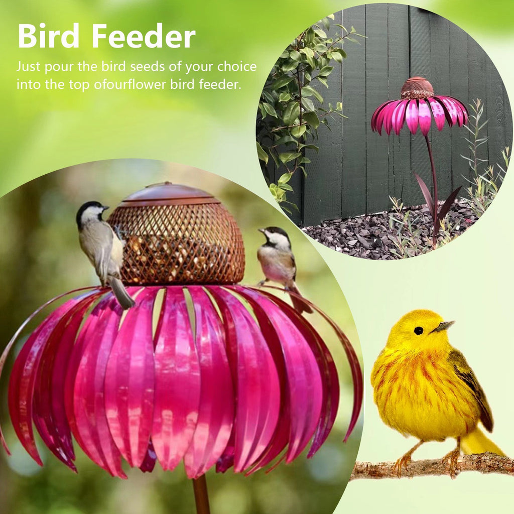 Metal Sunflower Bird Feeder with Garden Stake, Pink Flower Design