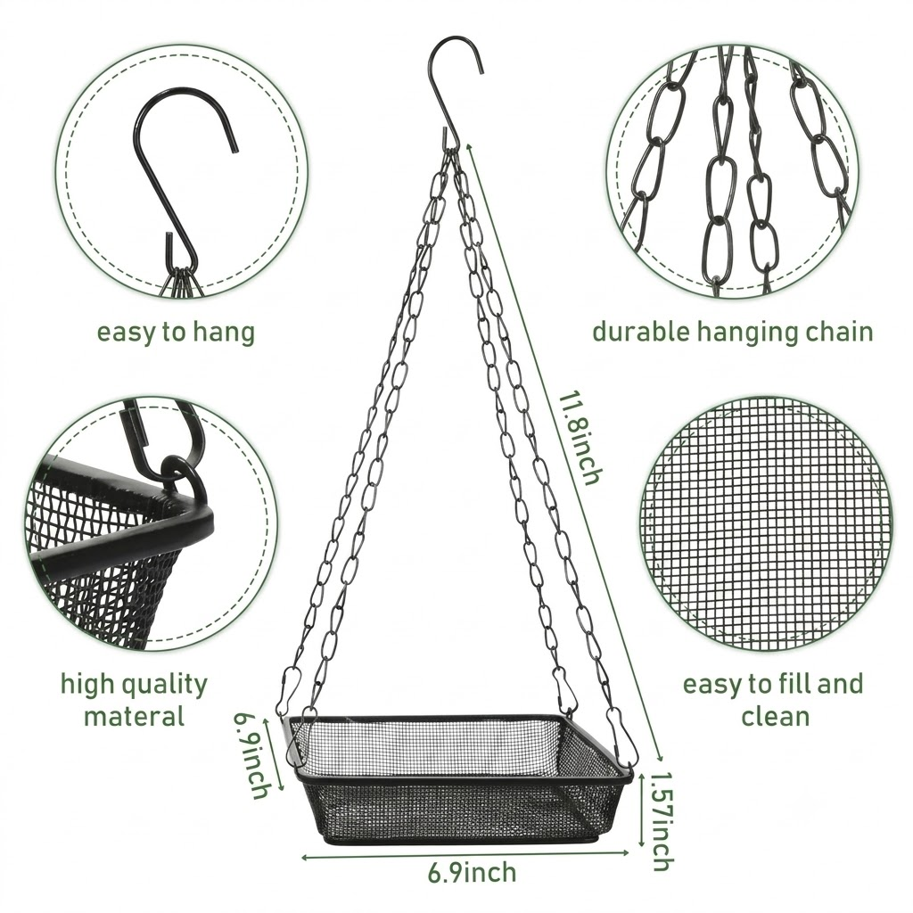 Black Hanging Platform Bird Feeder with Mesh Tray for Outdoor Birds