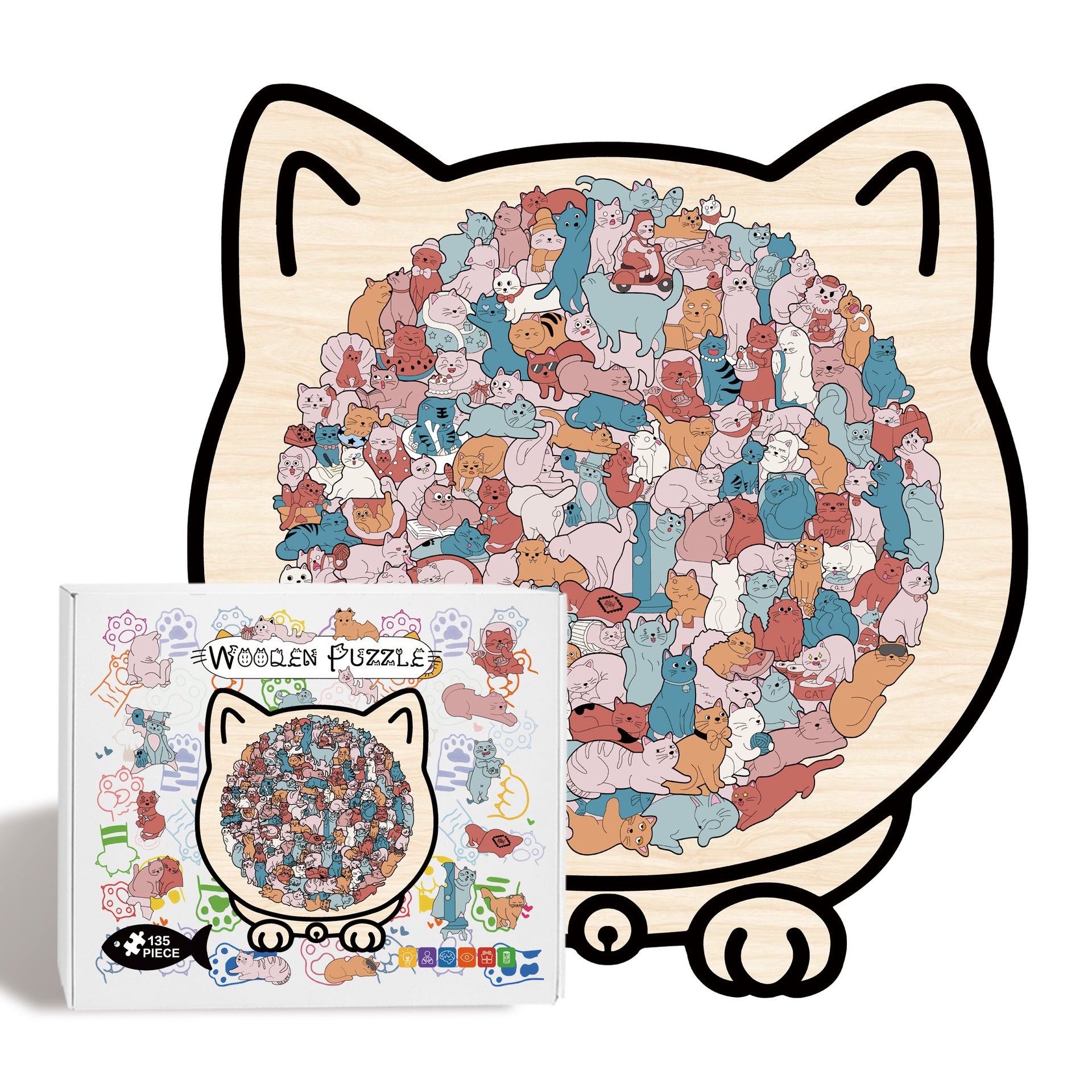 Morandi Colored Cat Shaped Wooden Jigsaw Puzzle