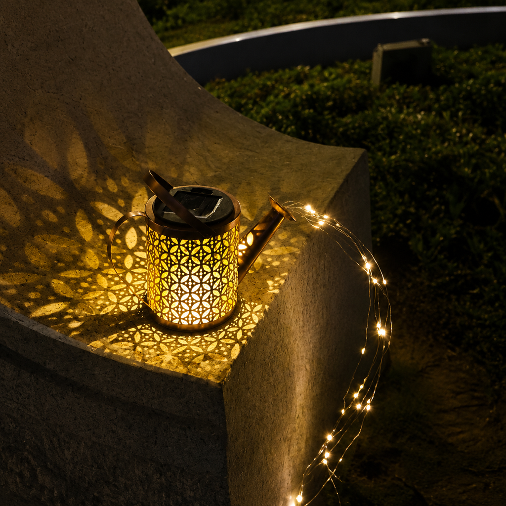 Solar Watering Can Garden Light with Waterfall LED for Outdoor Decor