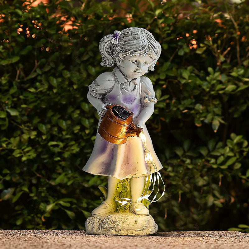 Hand Painted Girl with Solar Watering Can Garden Statue