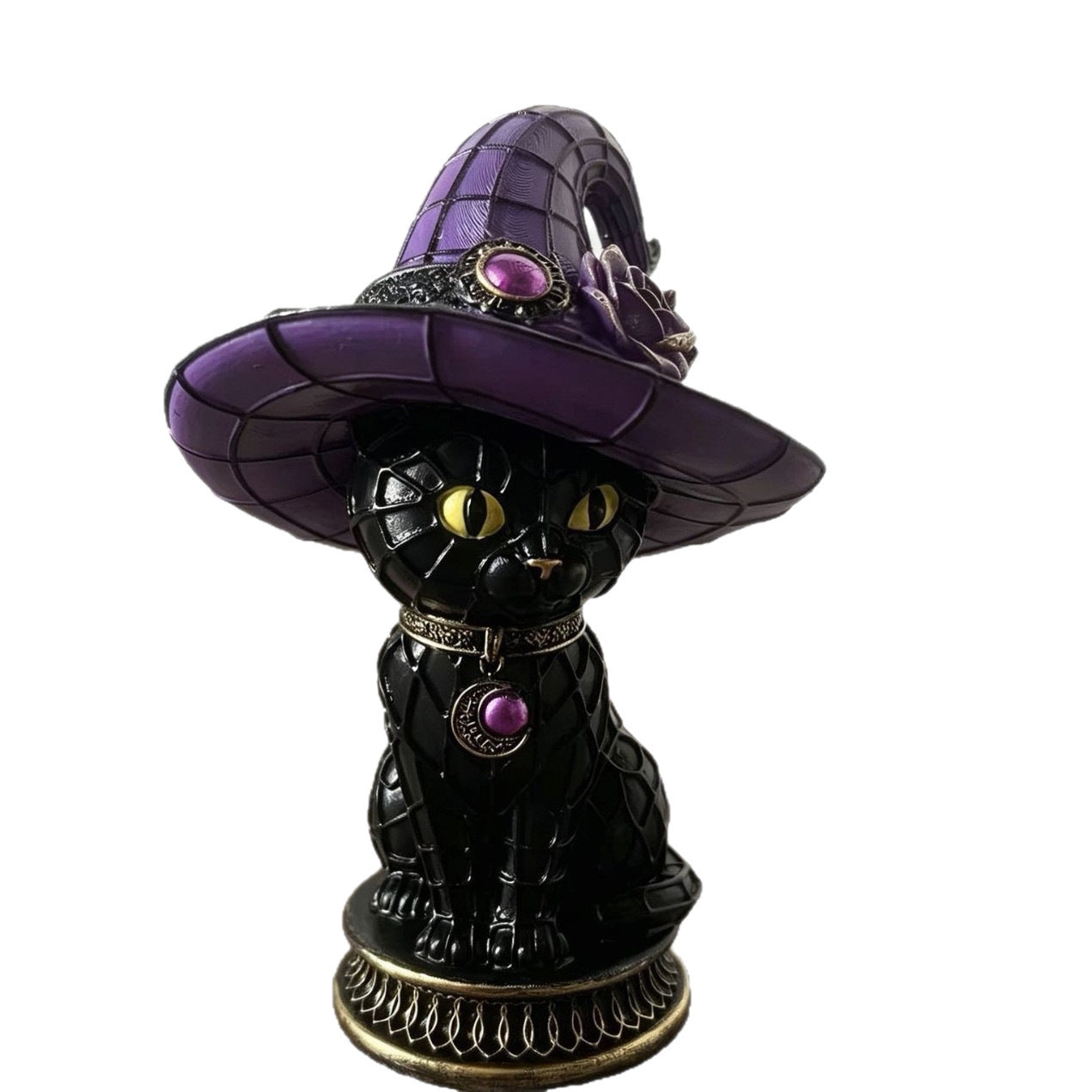 Halloween Gothic Black Cat Witch Hat Lamp, Stained Glass Style Decor
