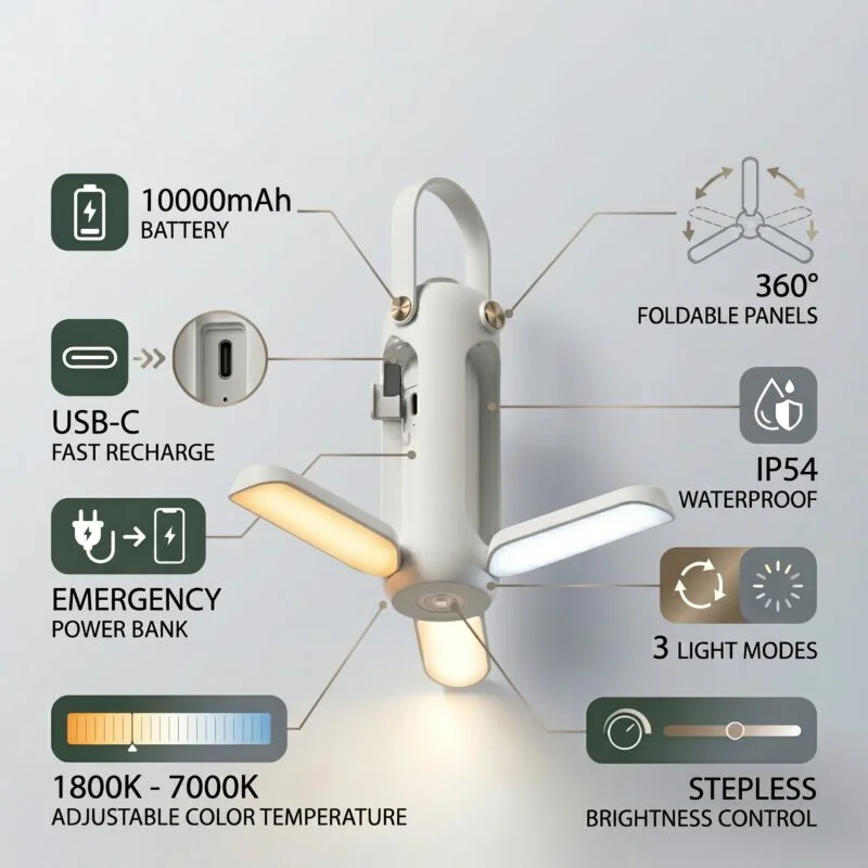 Rechargeable Camping Lantern with 10000mAh Power Bank & 360° LED Light
