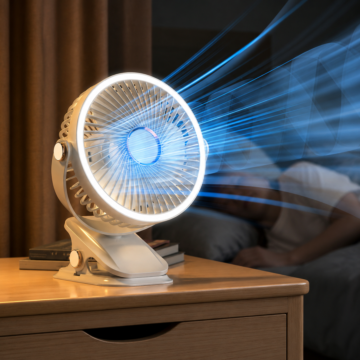 Rechargeable Portable Clip Fan with LED Light and 3 Speeds