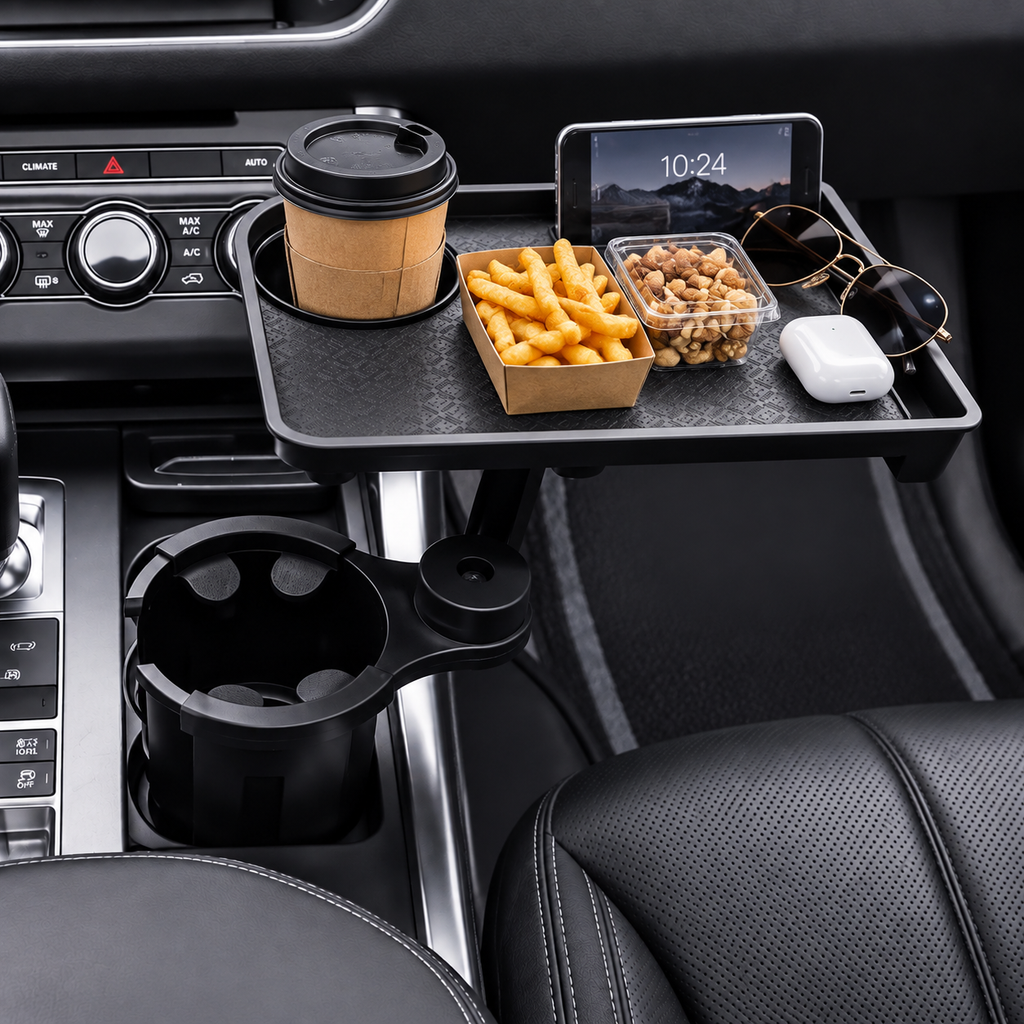 Car Cup Holder Tray with 360° Adjustable Food Tray & Extra Cup Holder