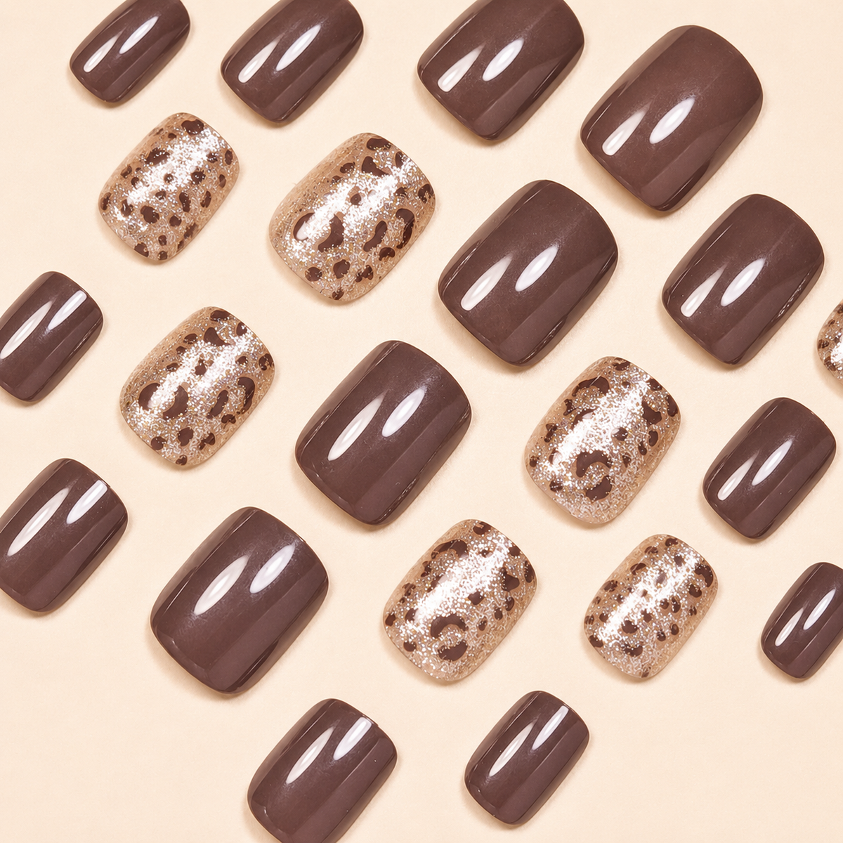 24-Piece Brown Leopard Glitter Medium Square Press-On Nails