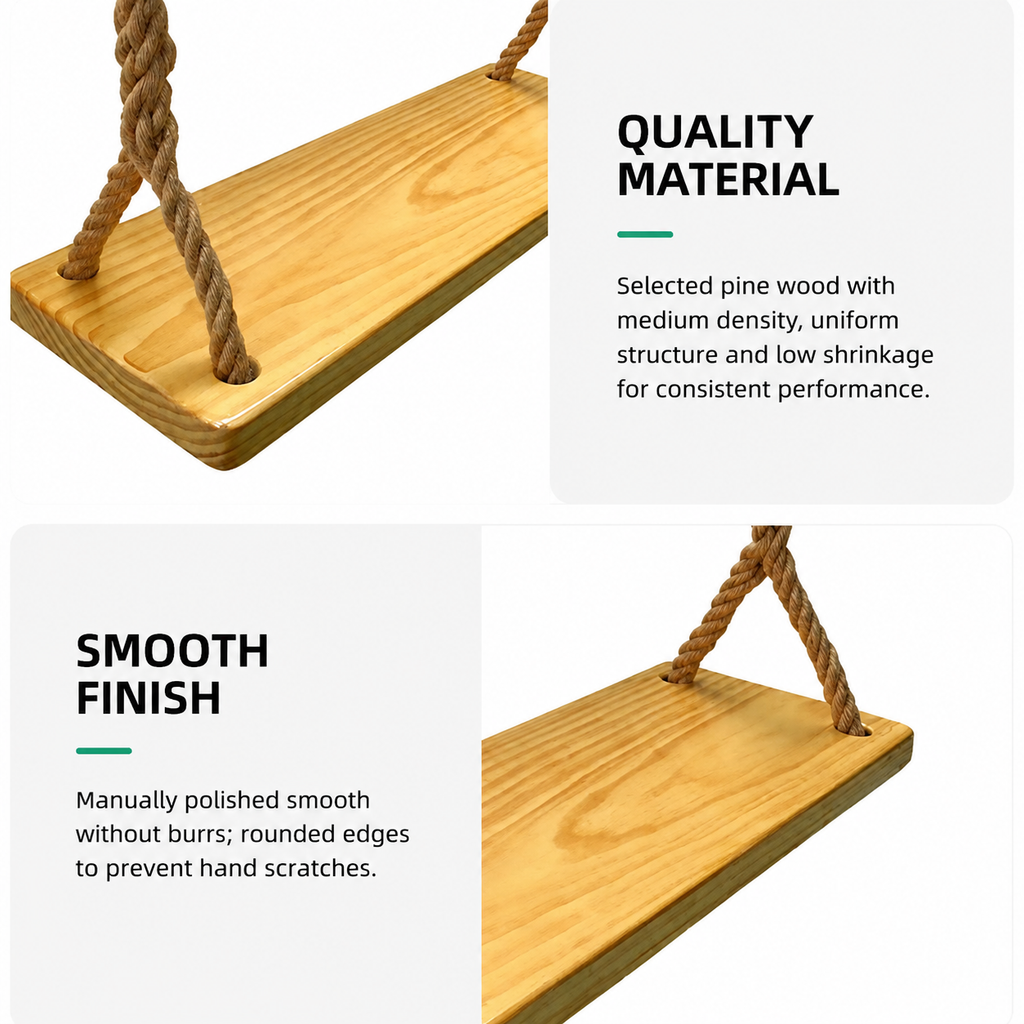 Solid Wood Swing Seat with Hemp Rope, Outdoor Tree Swing Kit