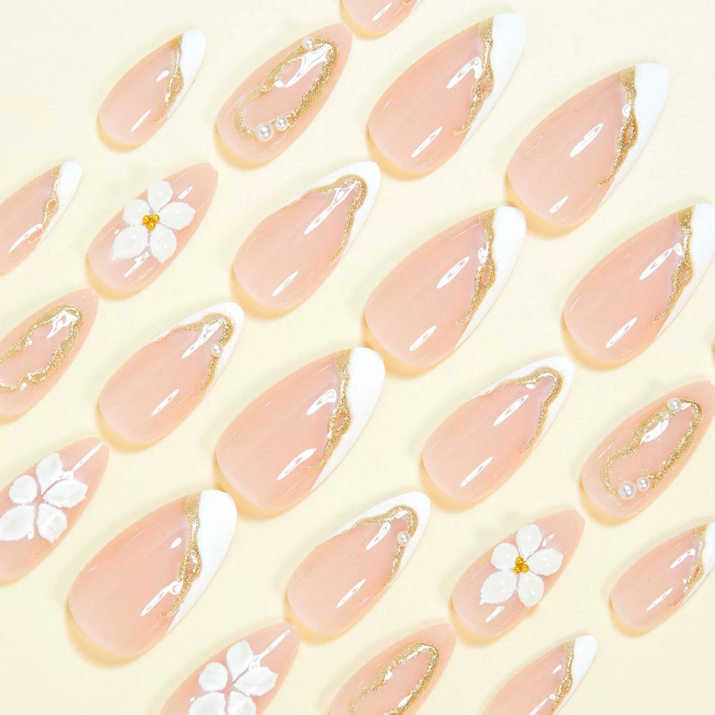 White French 3D Floral Gold Line Almond Press On Nails | 24 Count