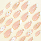 White French 3D Floral Gold Line Almond Press On Nails | 24 Count