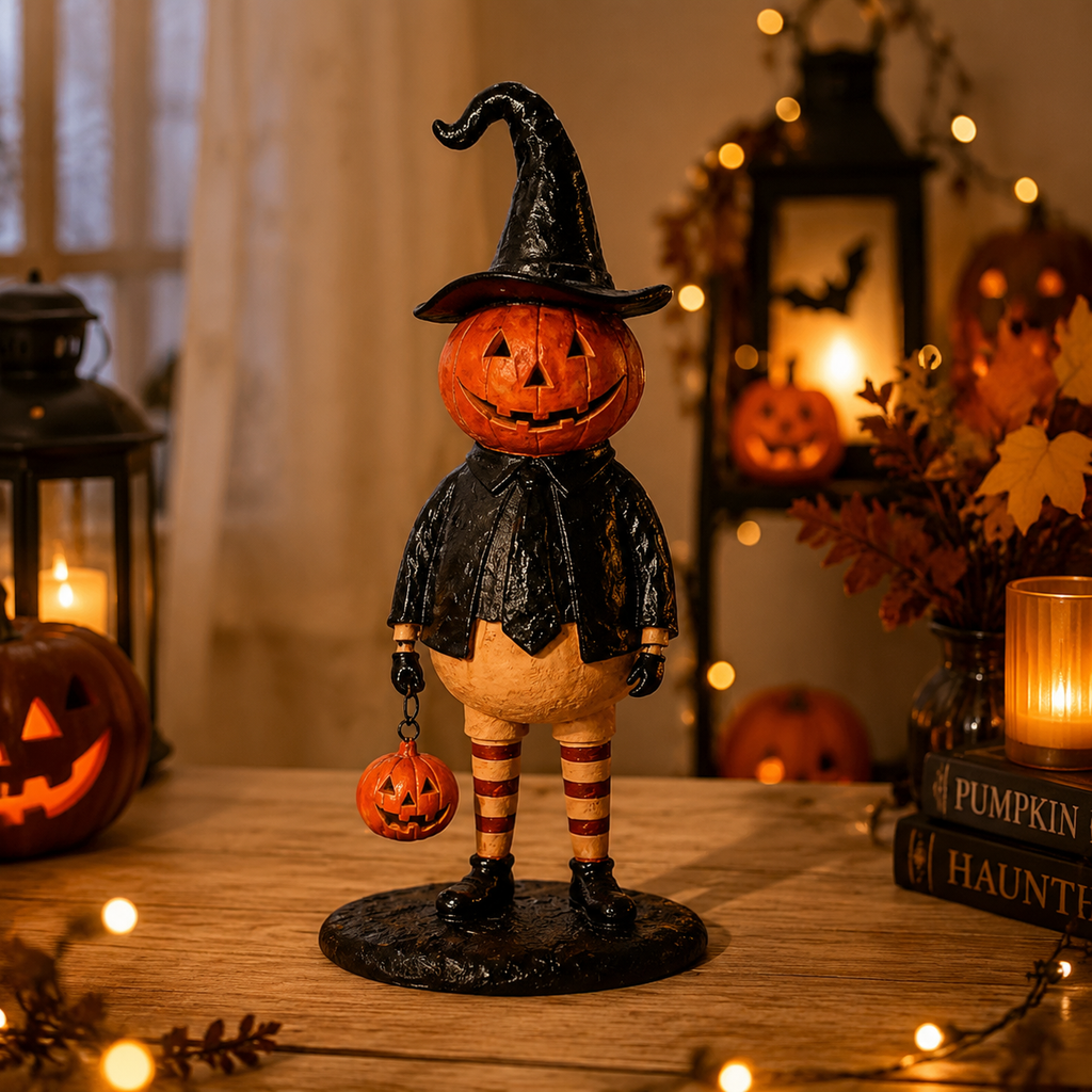 Halloween Figurine, Pumpkin Witch Lantern Statue for Tabletop Decor