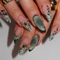 Short Almond Press On Nails – Green Leopard & 3D Floral Design