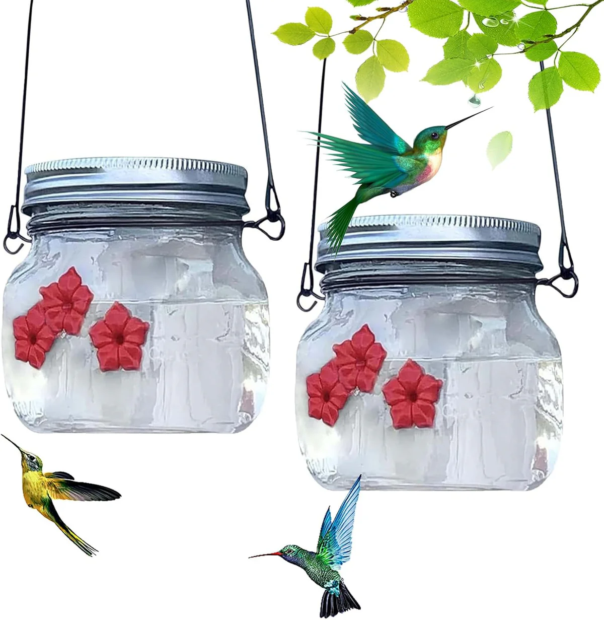 2 pack mason jar hummingbird feeders with red flower feeding ports