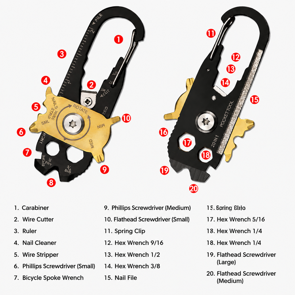 20-in-1 EDC pocket multi tool with keychain clip showing multiple functions including screwdriver wrench bottle opener and wire cutter