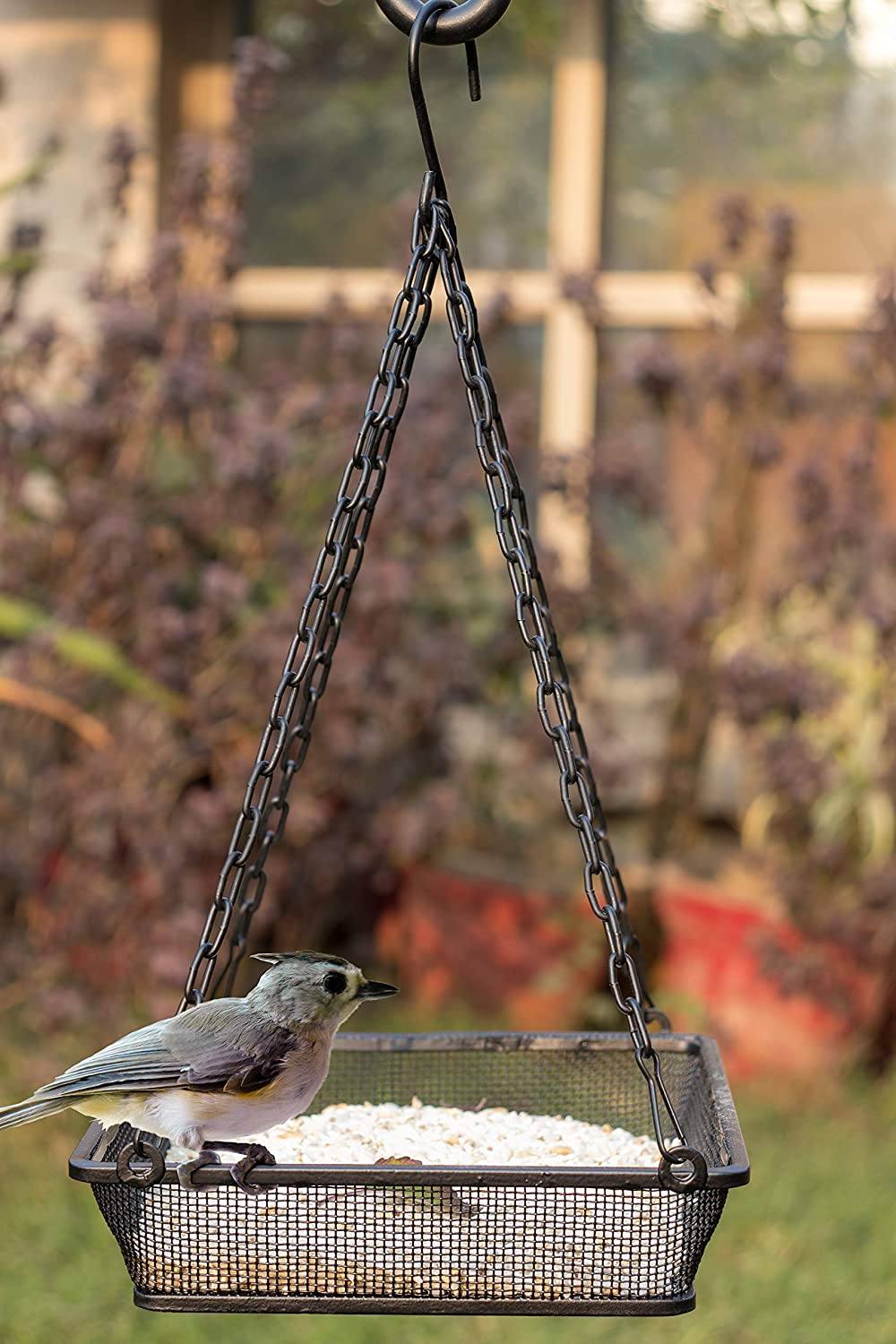 Black Hanging Platform Bird Feeder with Mesh Tray for Outdoor Birds