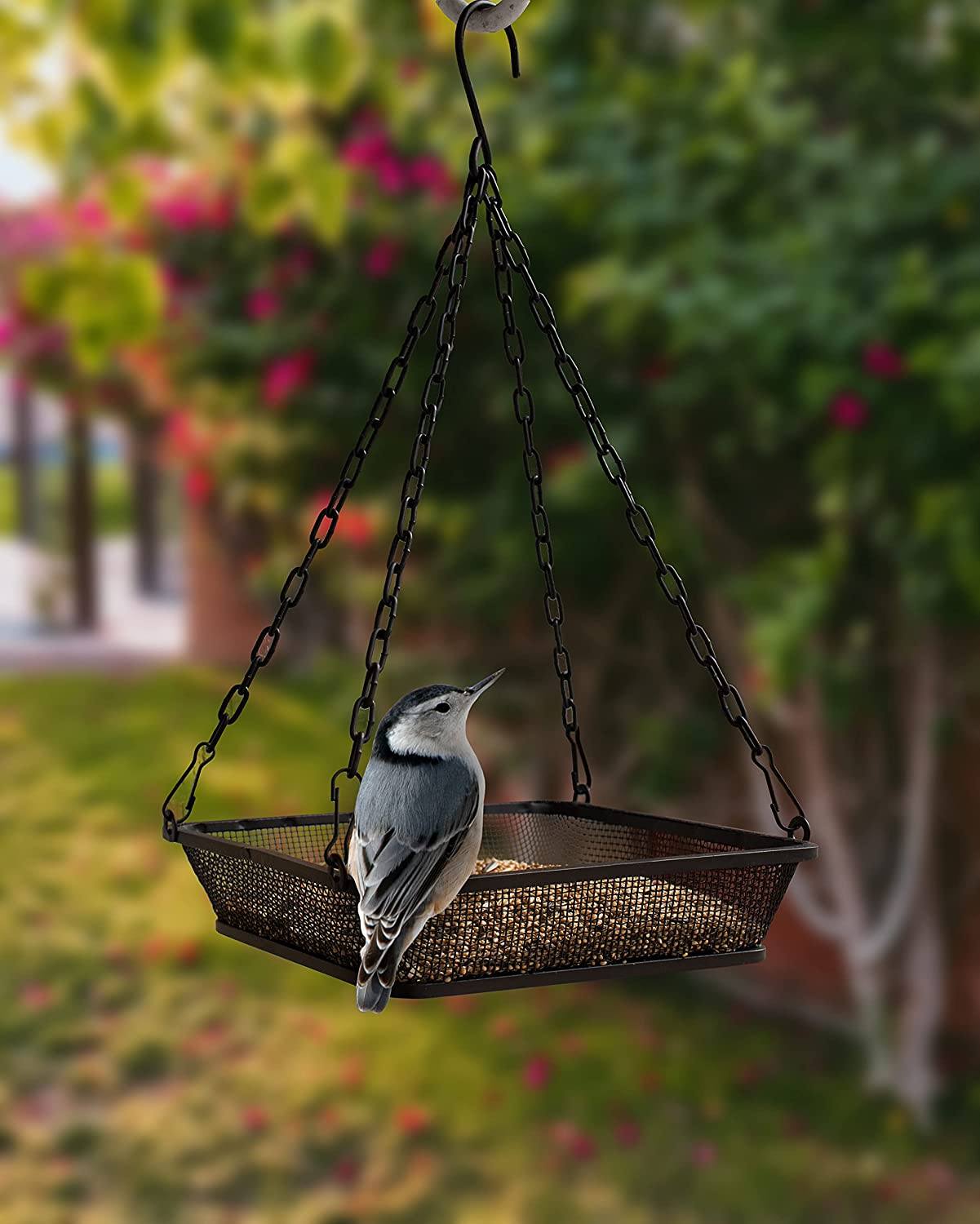 Black Hanging Platform Bird Feeder with Mesh Tray for Outdoor Birds