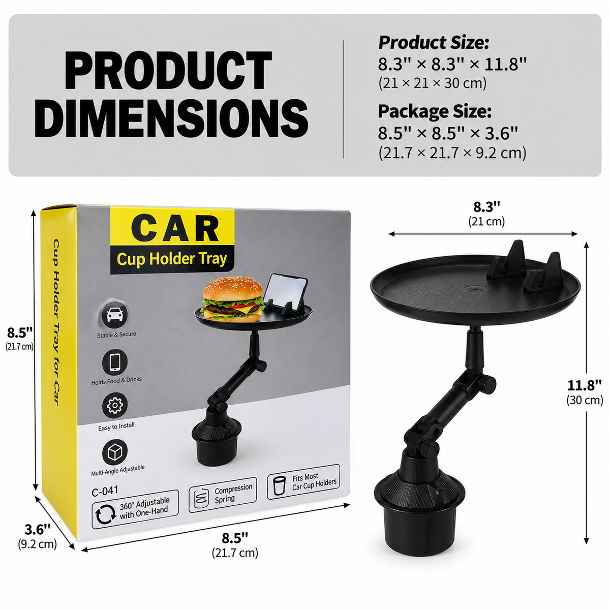 Car Cup Holder Tray with Phone Holder – Adjustable Food Tray
