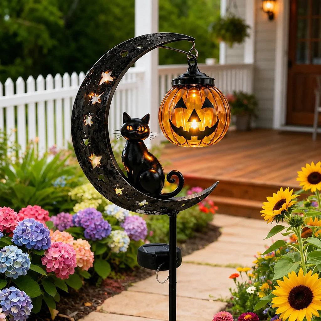 Solar Pumpkin Moon Garden Stake Light with Black Cat Halloween Decor