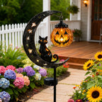 Solar Pumpkin Moon Garden Stake Light with Black Cat Halloween Decor