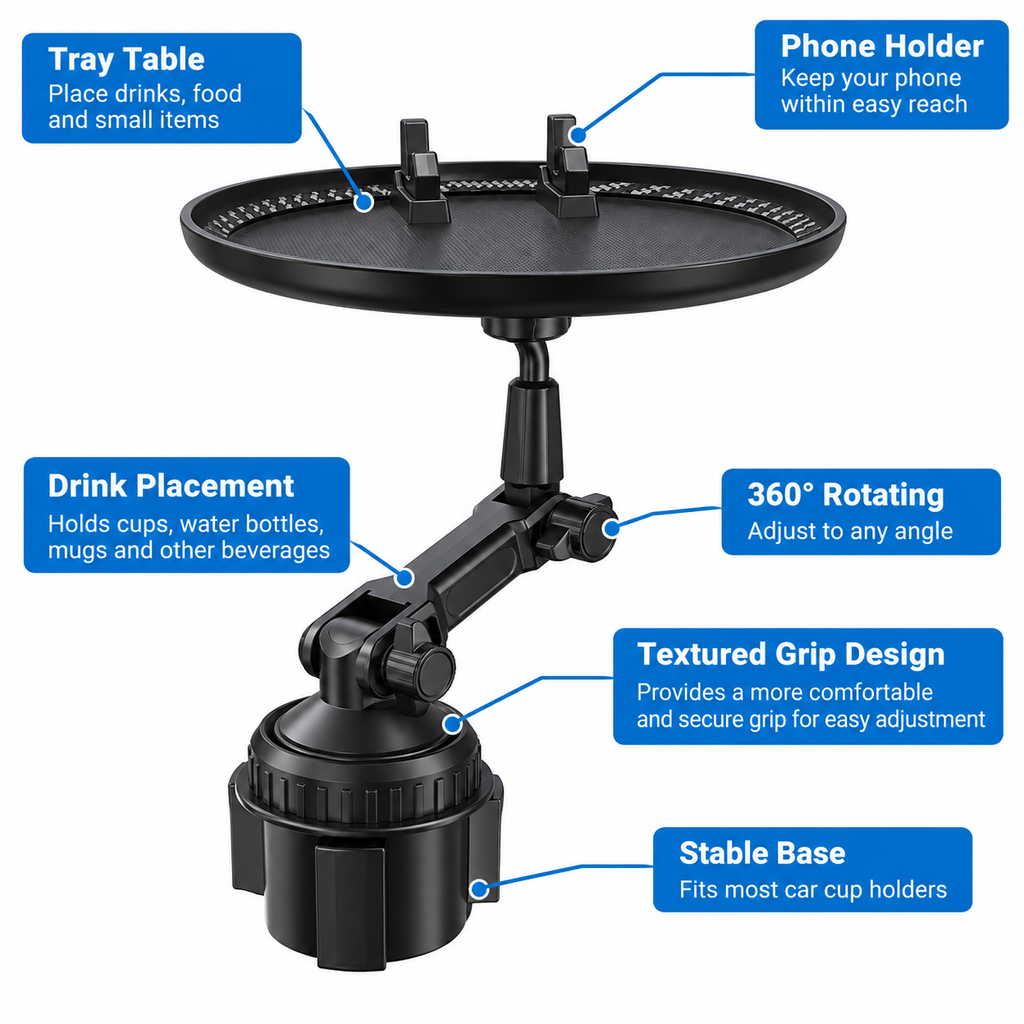 Car Cup Holder Tray with Phone Holder – Adjustable Food Tray