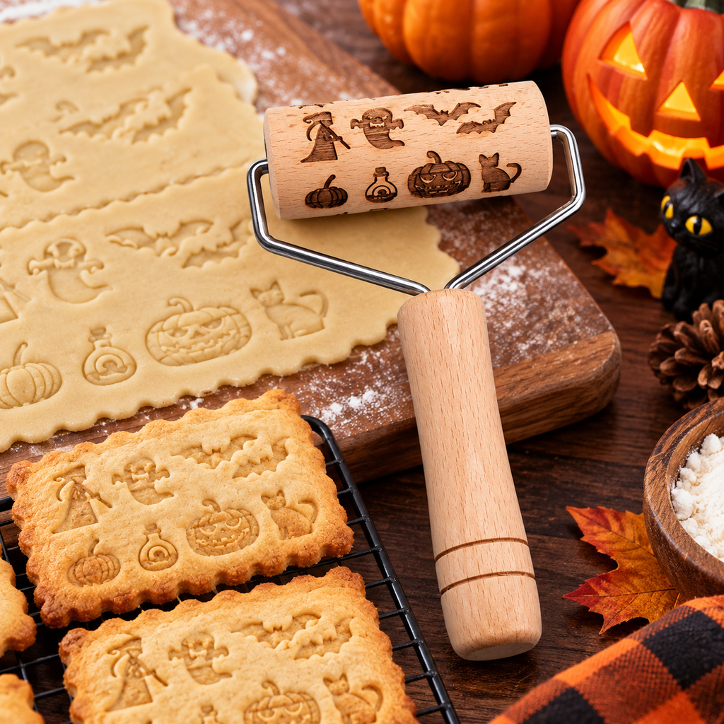 Wooden Embossing Rolling Pin for Cookies – Halloween & Christmas