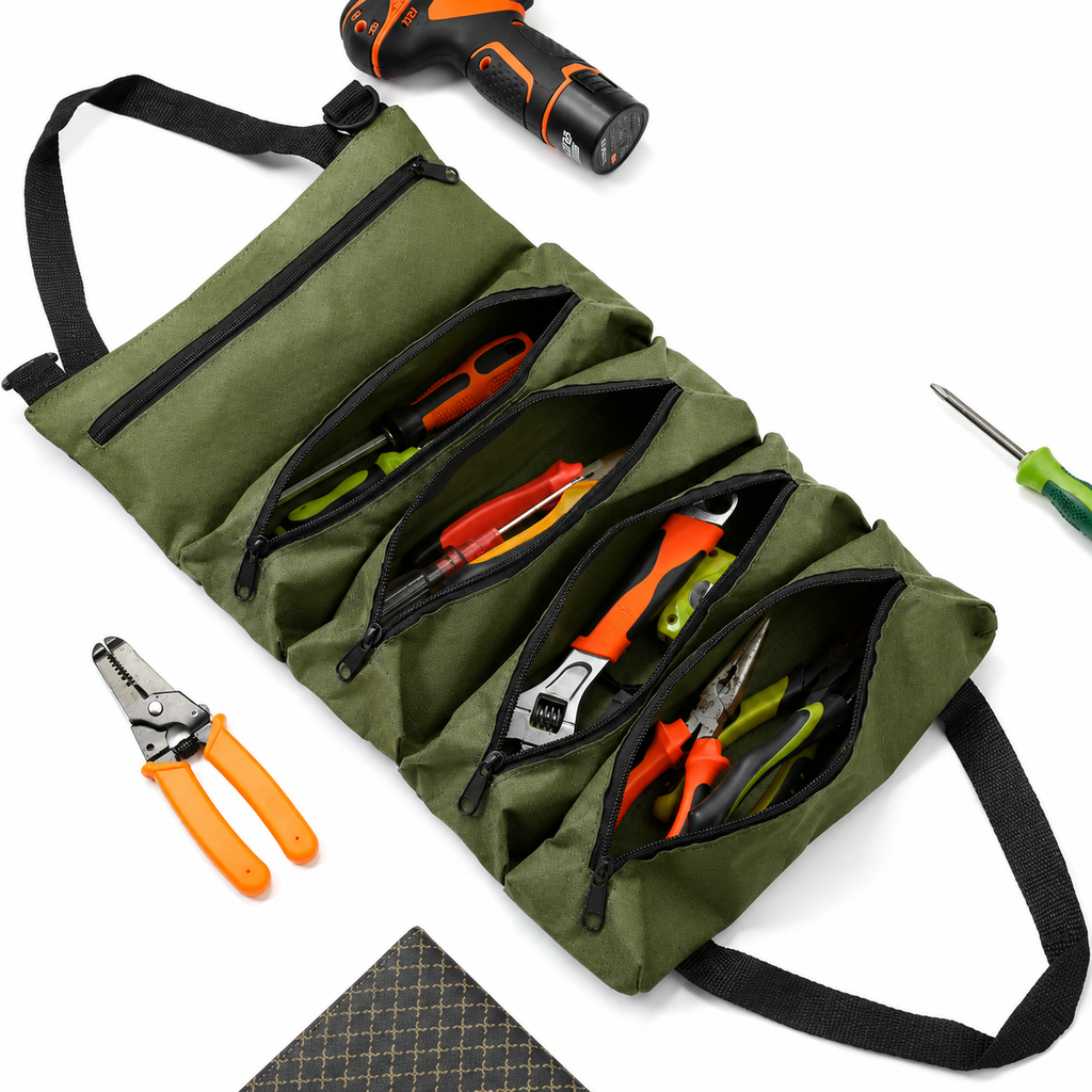 Roll Up Tool Bag with 5 Zippered Pockets Canvas Tool Organizer