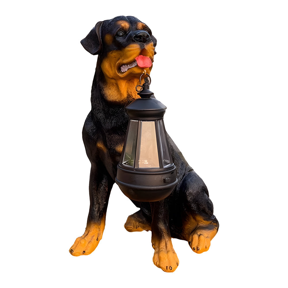 Resin Dog Statue with Solar Lantern, Outdoor Garden Decor Light