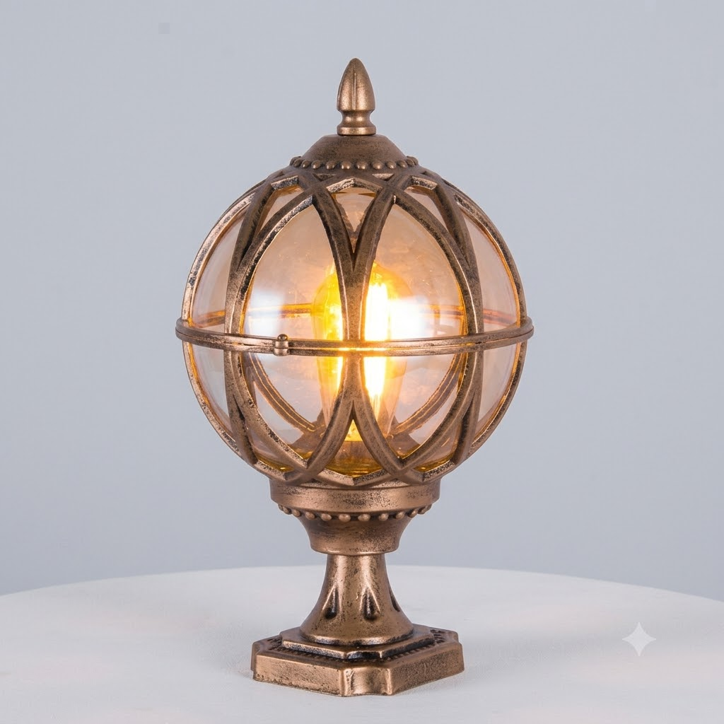 Outdoor Globe Pillar Light, Retro Glass Globe Post Lamp for Garden and Pathway