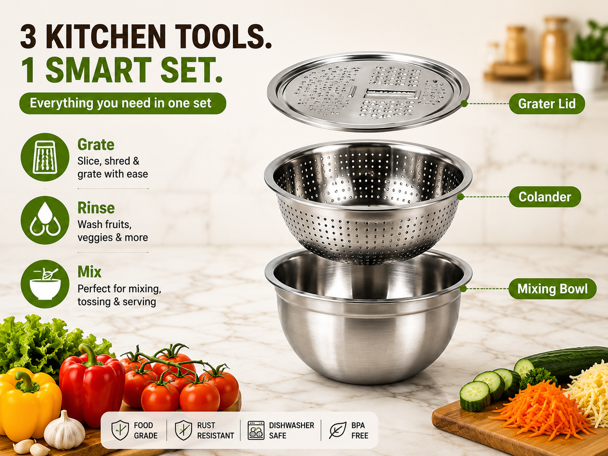 3-in-1 Stainless Steel Grater Bowl with Colander