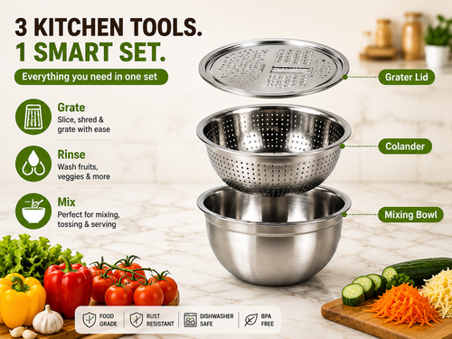 3-in-1 Stainless Steel Grater Bowl with Colander