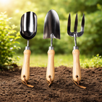 3-Piece Stainless Steel Garden Tool Set with Wooden Handles: Trowel, Fork, Multitool