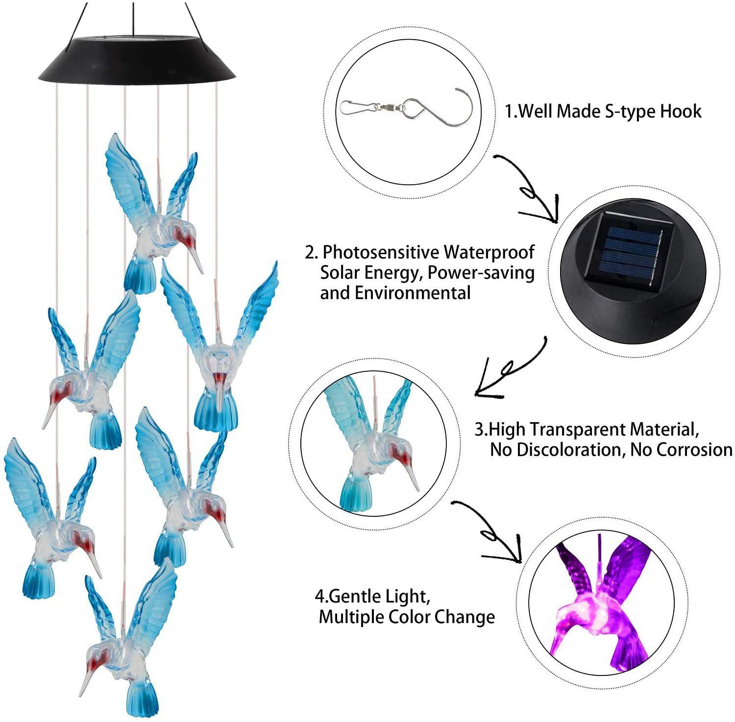 Solar Wind Chimes - Color Changing LED Hummingbird Lights for Garden & Patio Decoration