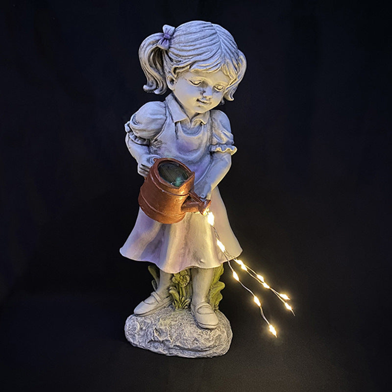Hand Painted Girl with Solar Watering Can Garden Statue