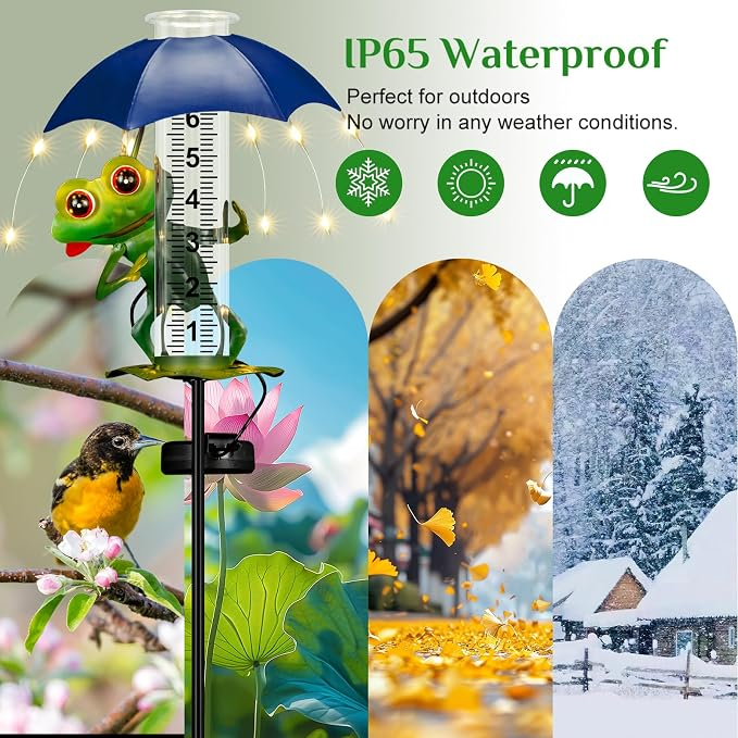 Rain Gauge Outdoor - Frog Rain Gauge with LED Solar Lights, Metal Water Gauge for Yard Garden Decor