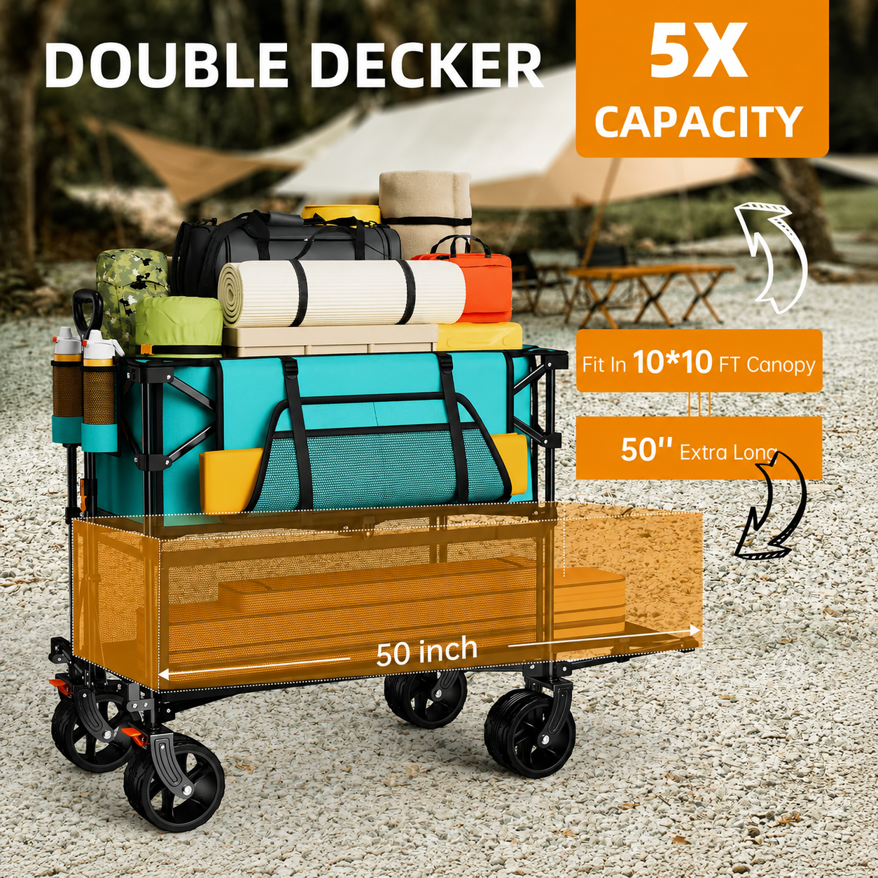 50'' Double Decker Foldable Wagon Cart with Big Wheels 400L