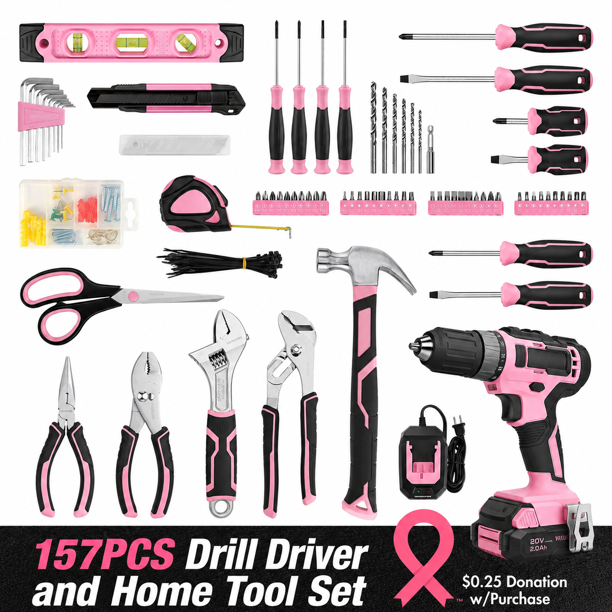 157 Pcs Household Tool Kit with 20V Cordless Lithium-ion Drill Driver