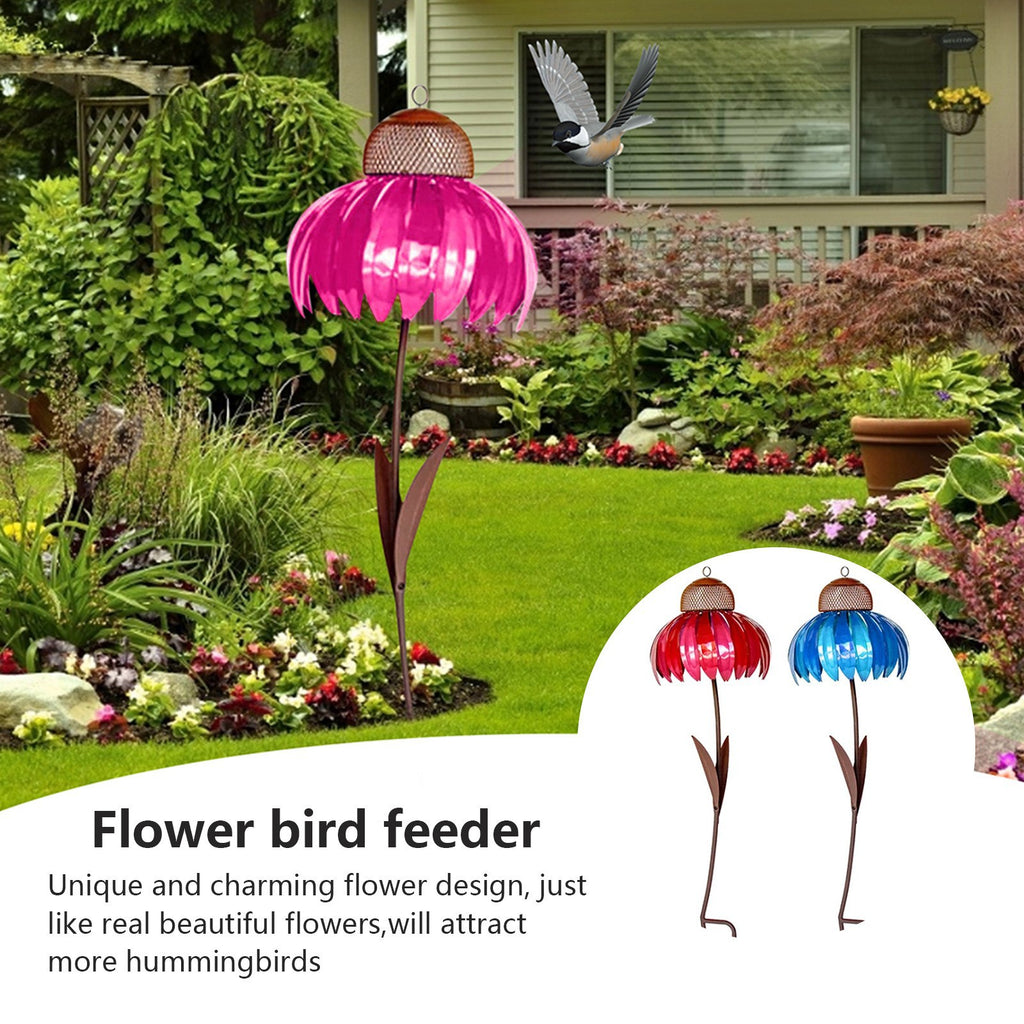 Metal Sunflower Bird Feeder with Garden Stake, Pink Flower Design