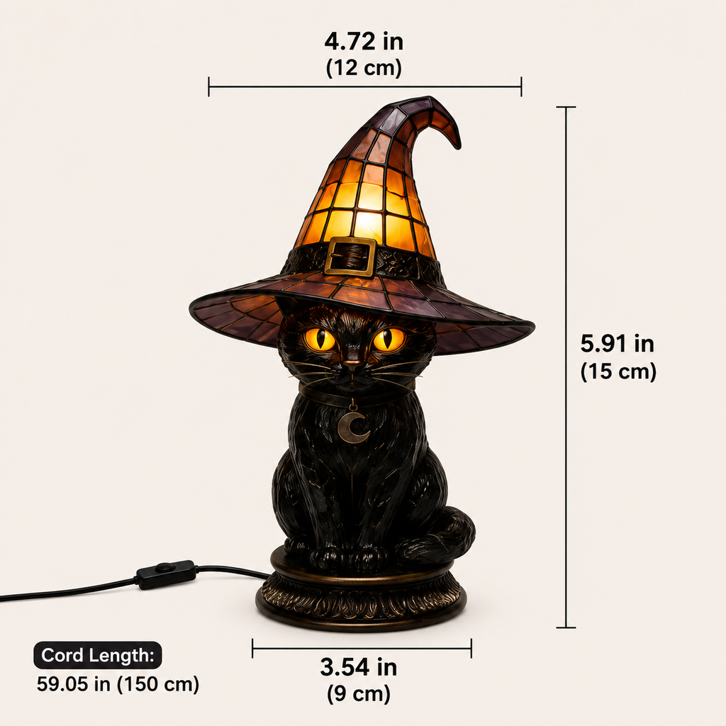 Halloween Gothic Black Cat Witch Hat Lamp, Stained Glass Style Decor