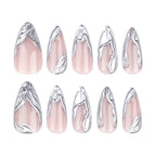 Silver 3D French Long Teardrop Press-On Nails, 24 Pcs + Glue