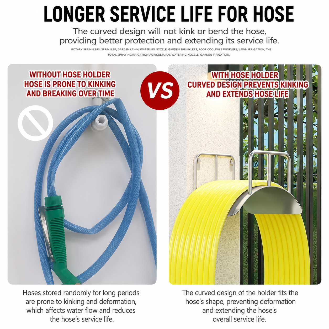 304 stainless steel wall-mounted garden hose holder with curved design to help reduce hose kinks