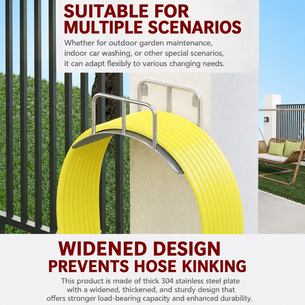 Wall-mounted 304 stainless steel garden hose holder with widened curved design to help reduce hose kinking