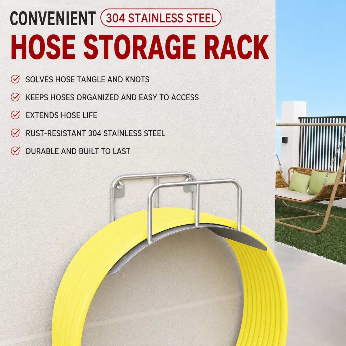 304 stainless steel wall-mounted garden hose holder for organized outdoor hose storage