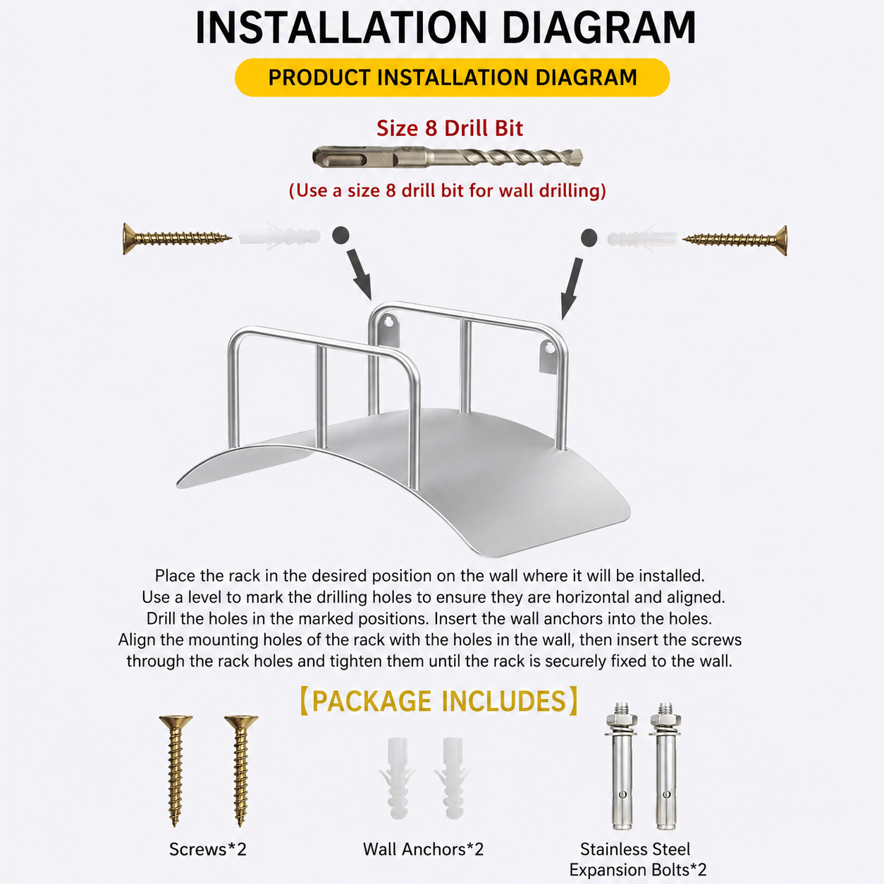 Installation guide for 304 stainless steel wall-mounted garden hose holder with screws and wall anchors
