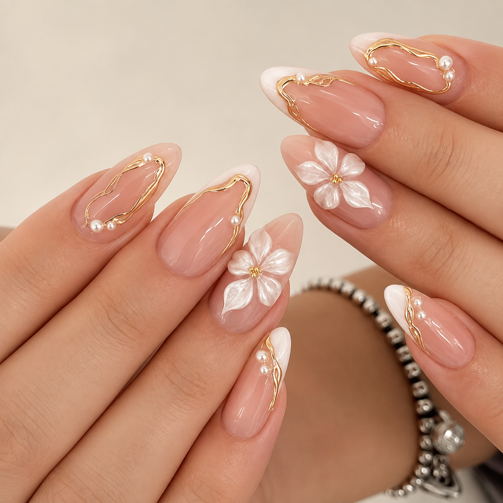 White French 3D Floral Gold Line Almond Press On Nails | 24 Count