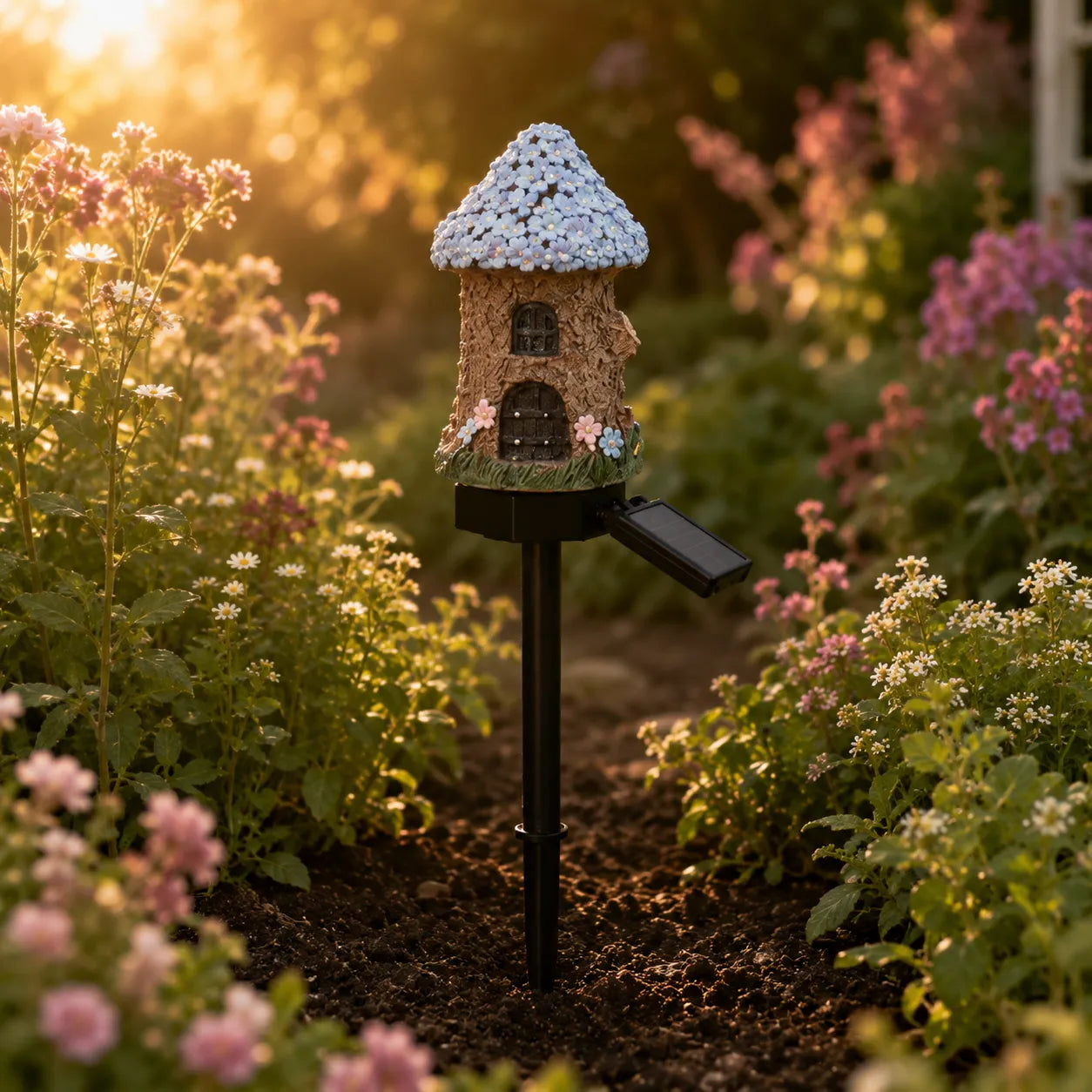 Solar Fairy Cottage Garden Stake Light with Warm LED & Hand-Sculpted Resin