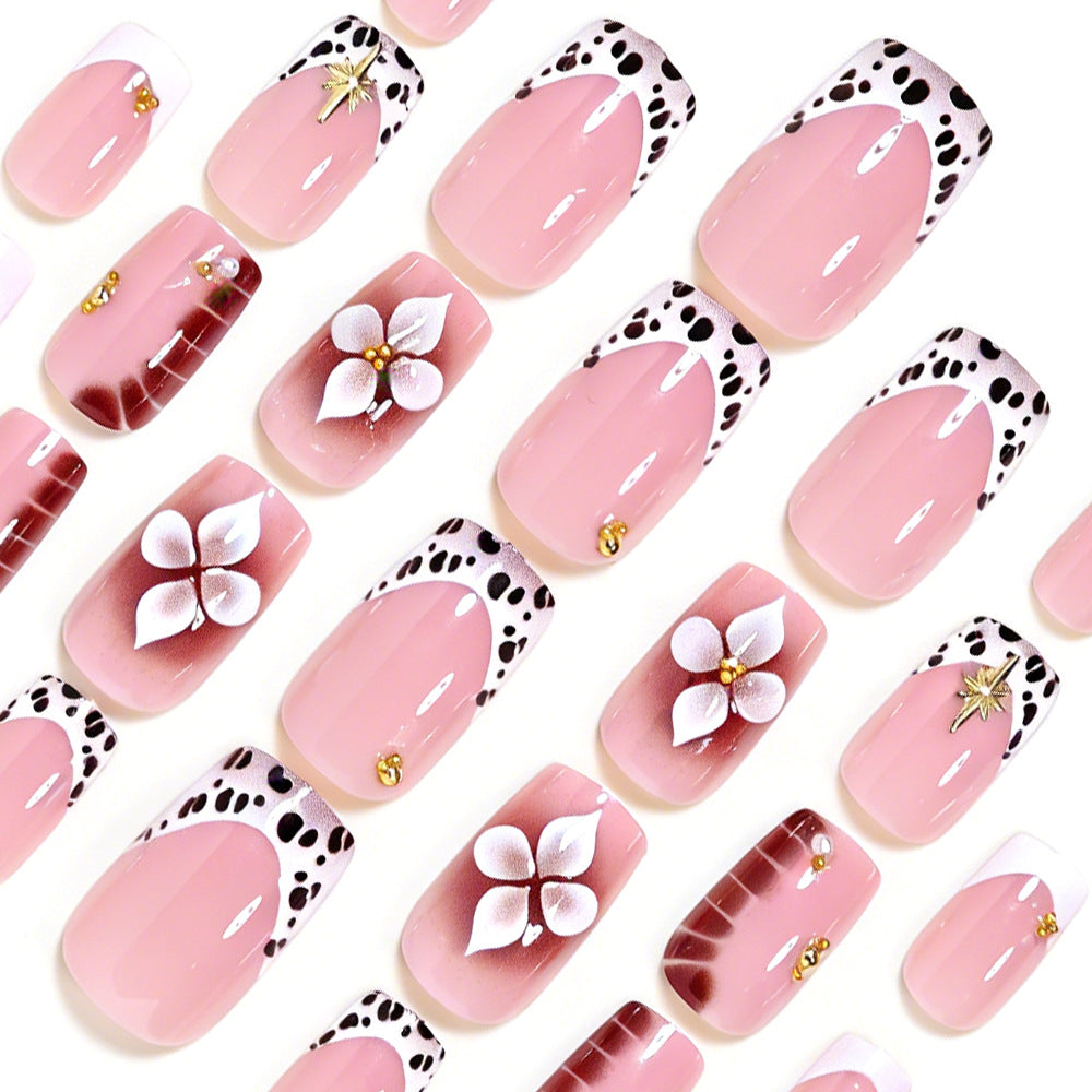 Cow Print French Short Square Press On Nails with 3D Flower | 24 Count