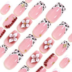 Cow Print French Short Square Press On Nails with 3D Flower | 24 Count