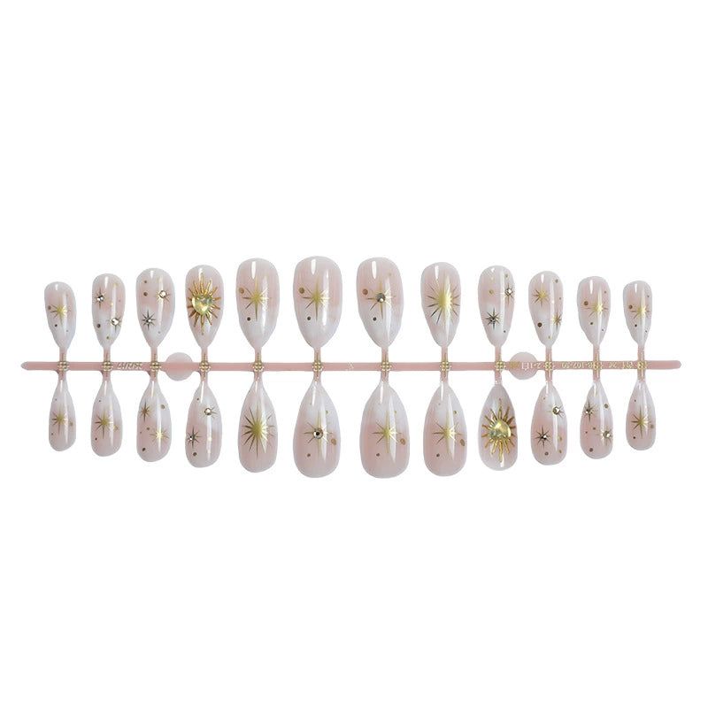 Celestial Almond Press On Nails – Gold Sun & Star French Design