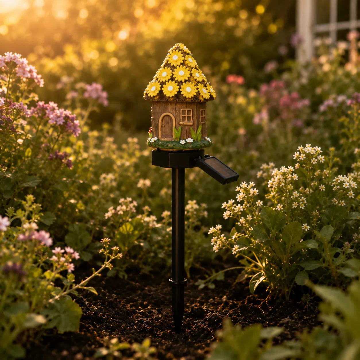 Solar Fairy Cottage Garden Stake Light with Warm LED & Hand-Sculpted Resin