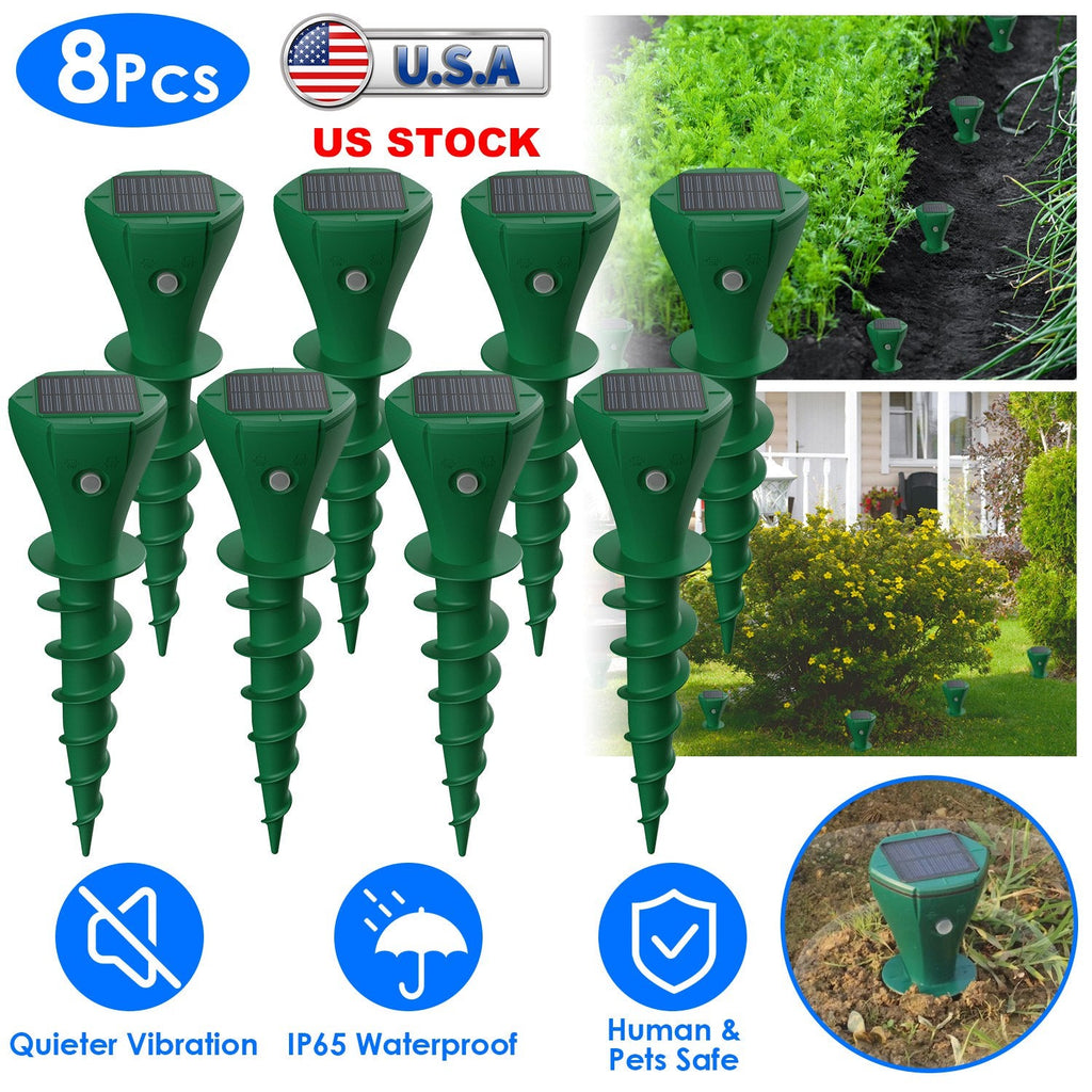 8-Pack Solar Mole Repellent Stakes – Waterproof Vibration